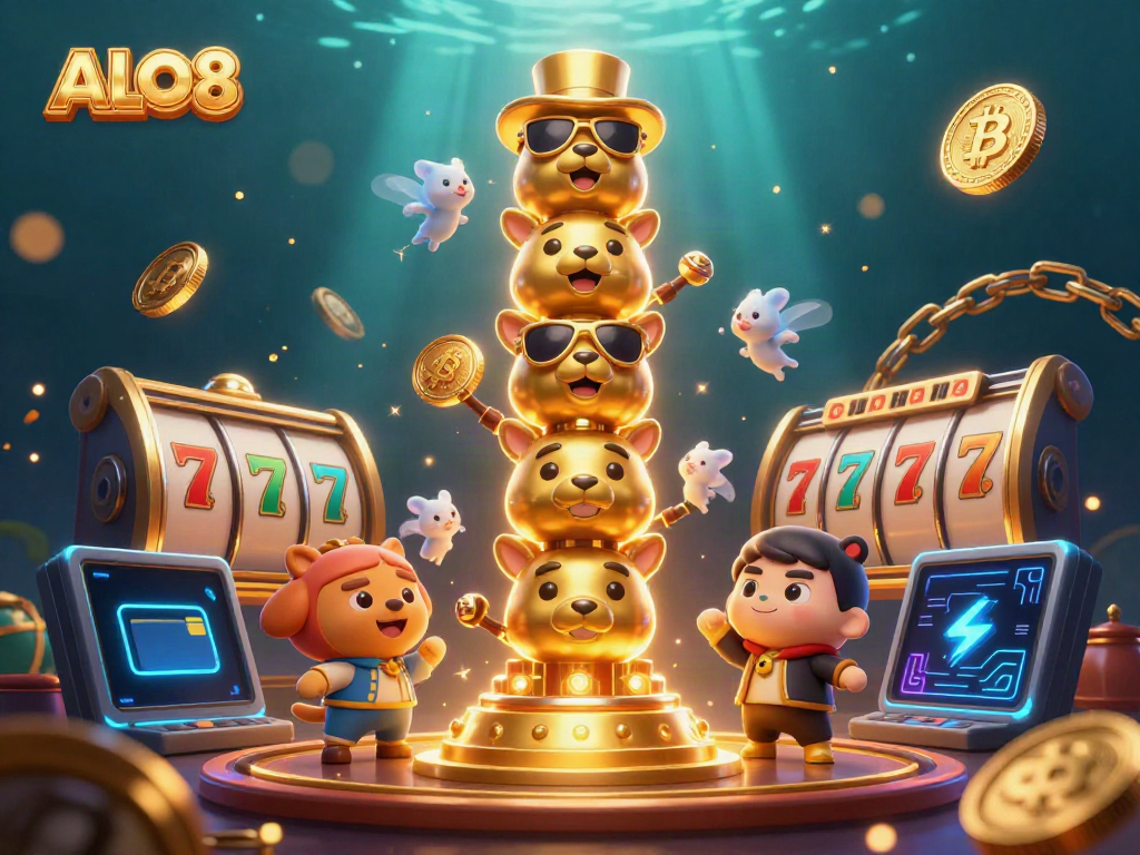 Engage with the ALO8 casino experience featuring lively 3D totem characters amidst dynamic slot reels and cryptocurrency elements.