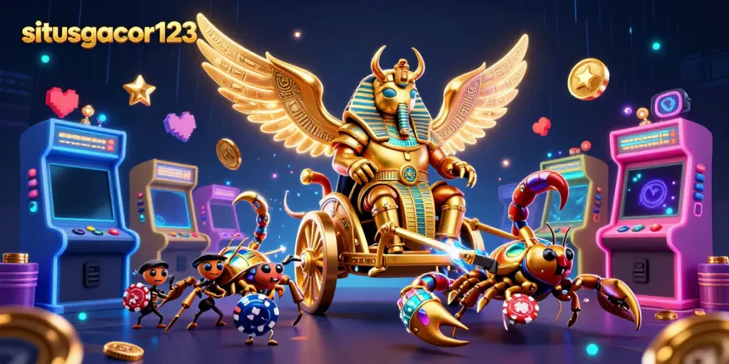 Experience gaming excitement with situsgacor123 featuring golden scarab and vibrant arcade elements.