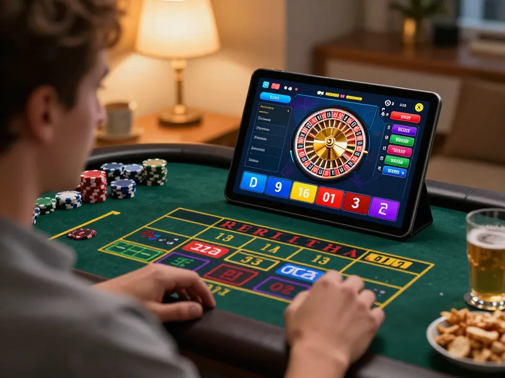 Engaging with the oli 4d digital roulette game in a cozy home setup, showcasing exciting betting moments.