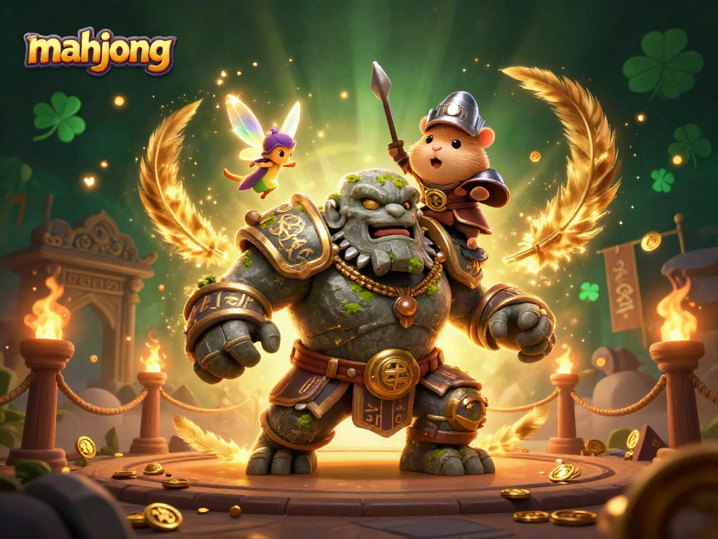 Engage in mahjong with a guardian golem, fairy, and hamster knight in a vibrant casino arena.