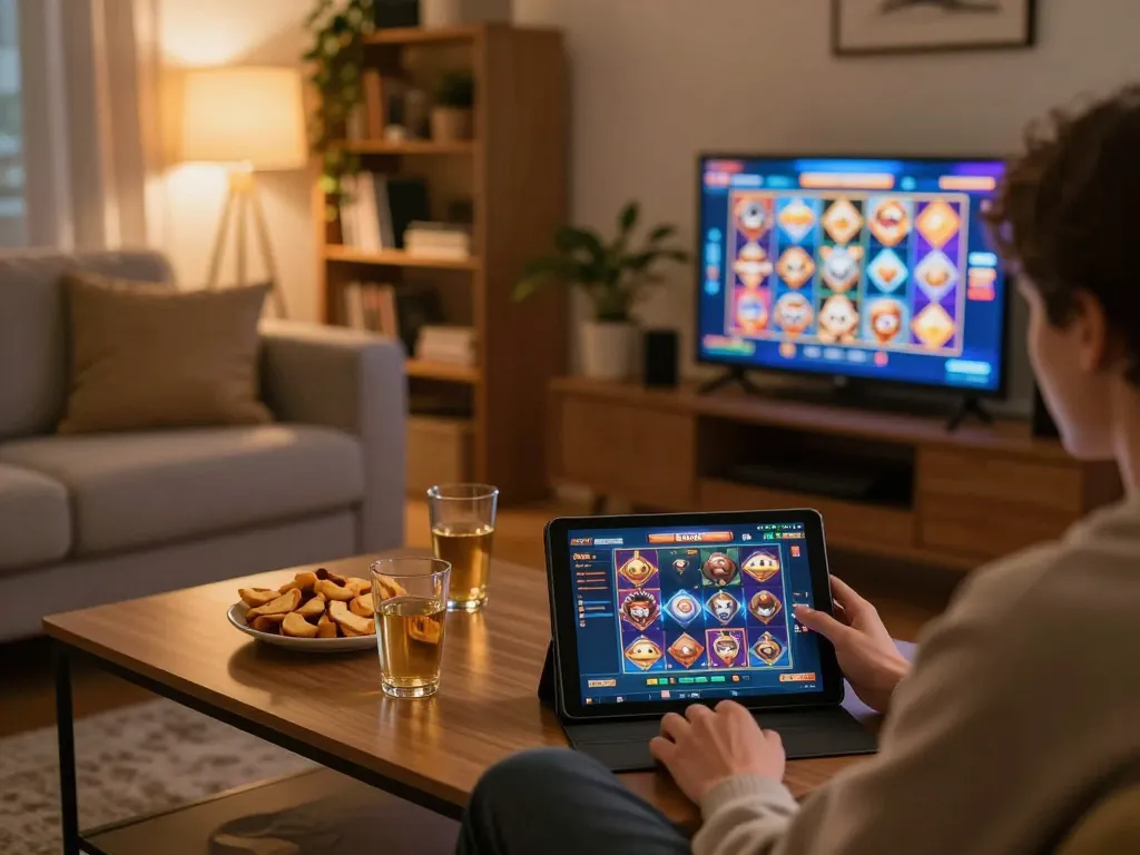 Engaged player enjoying kdslot games on a tablet in a cozy living room setting, highlighting strategic gameplay.