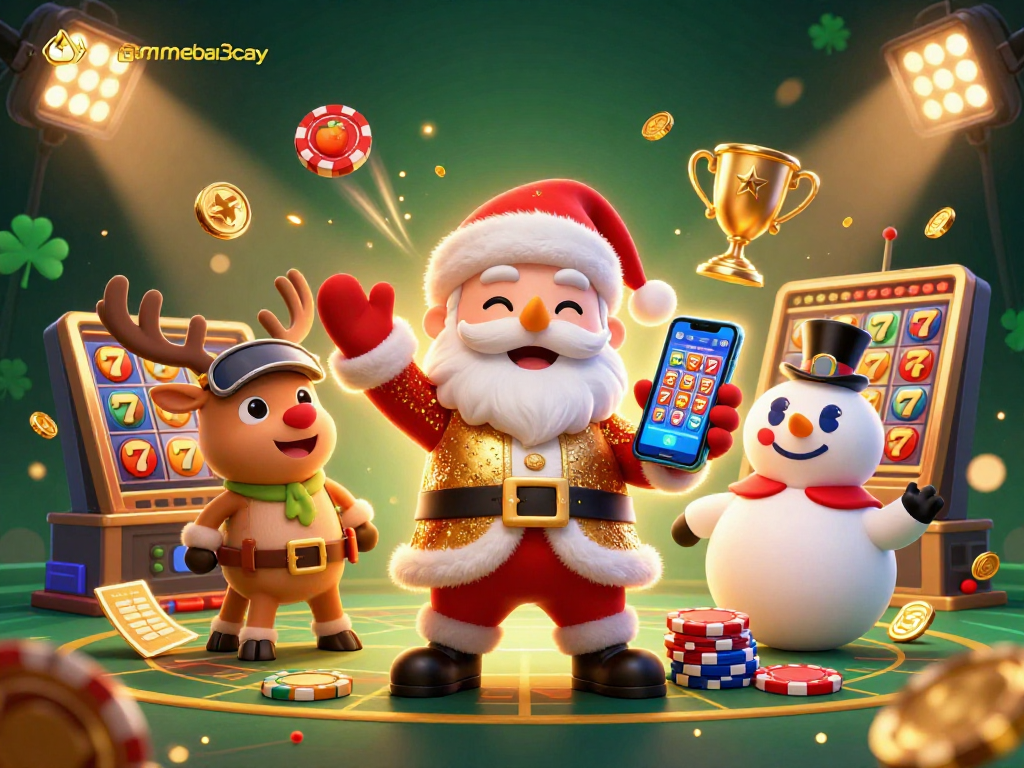 Experience the excitement of gamebai3cay with Santa, a reindeer dealer, and a poker chip snowman in a vibrant casino scene.