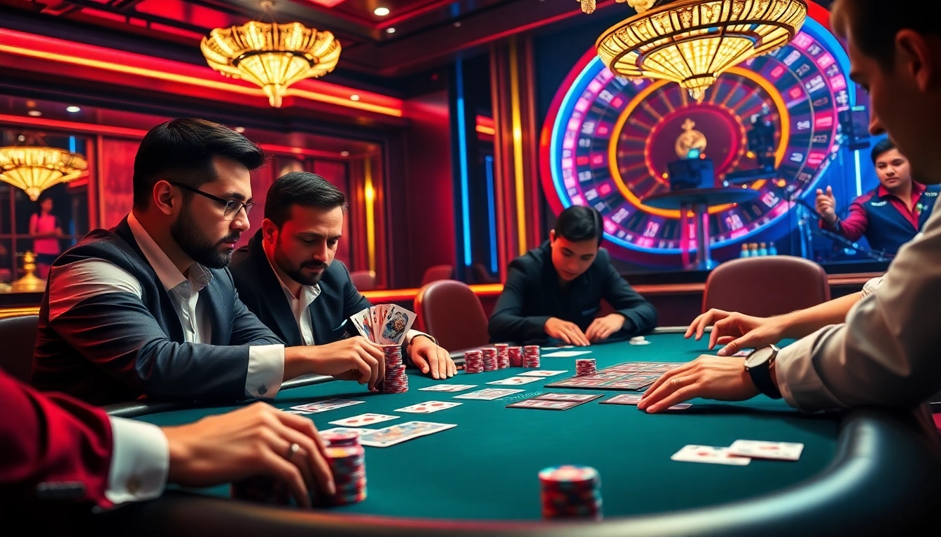 RR88 poker players strategizing over a high-stakes game with chips and cards.