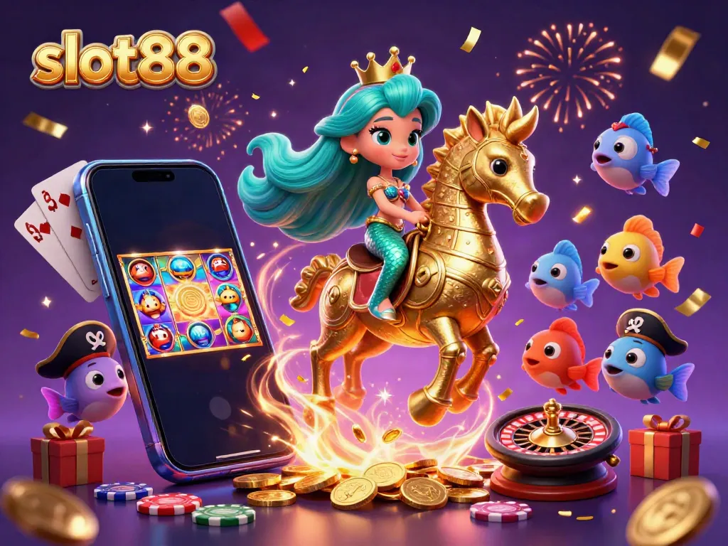 Experience slot88 with an enchanting mermaid and seahorse amidst casino-themed elements.
