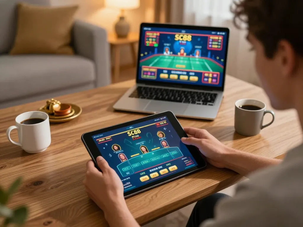 Player using SC88 Plus app on tablet while enjoying an engaging online casino experience