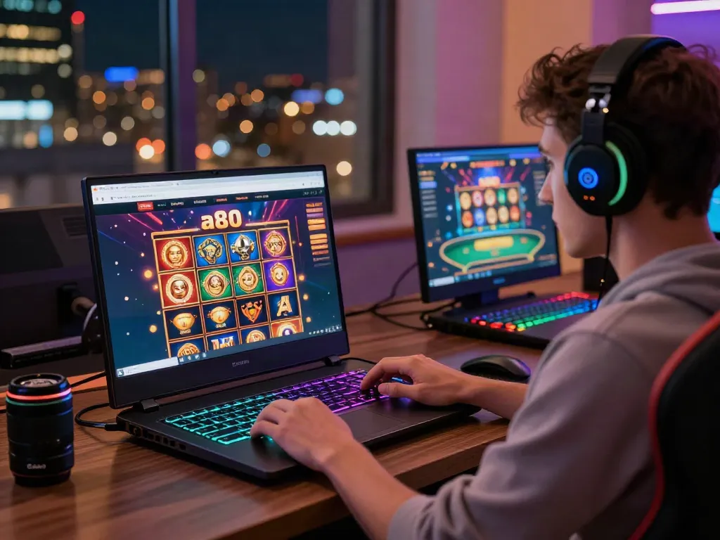 Engaging online gaming scene showcasing a person at their laptop, exploring the a80 casino website with vibrant LED lighting.