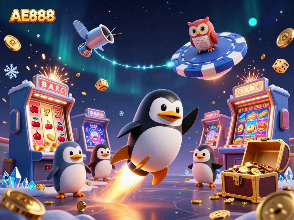 Experience thrilling gaming with AE888 in this vibrant 3D illustration of a penguin journeying to a casino space station.