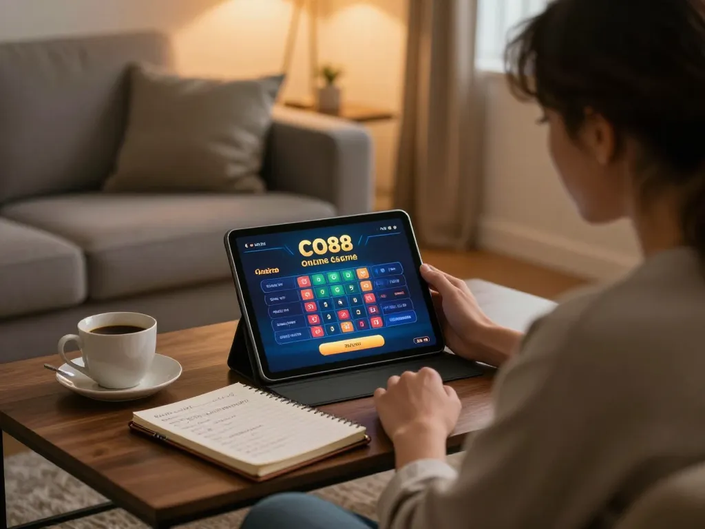 Player enjoying live dealer games at CO88 from home, showcasing a cozy gaming setup with a tablet