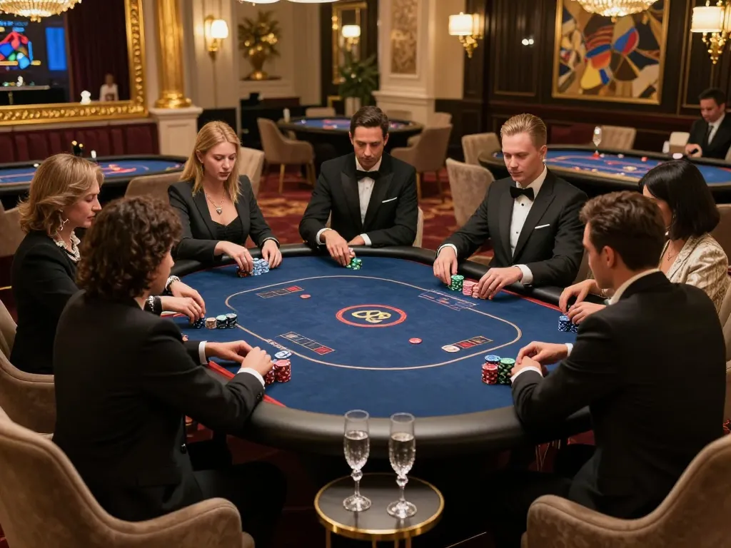 Engaged players at an MM88 poker table in a luxurious casino setting, showcasing high-stakes gameplay and elegant decor.
