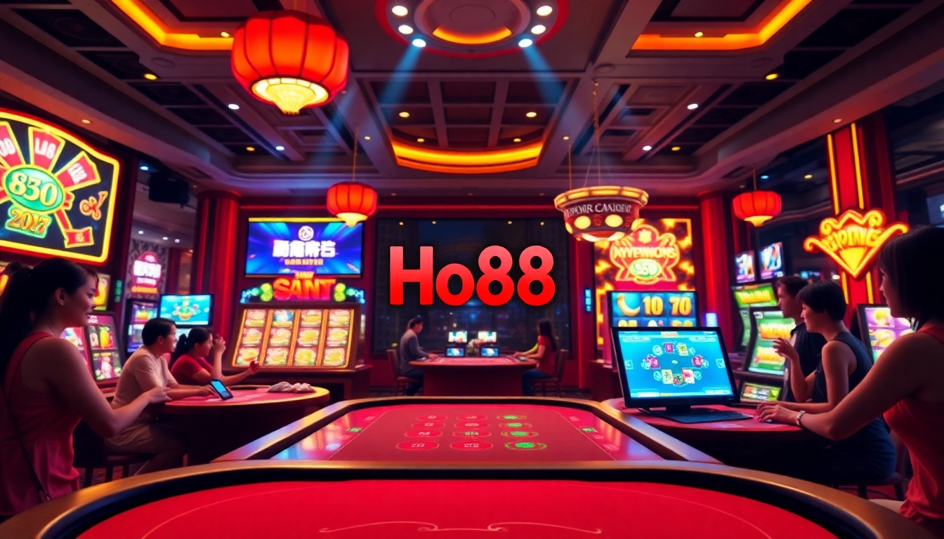 Exciting online casino interface featuring Ho88 brand logo, vibrant games, and engaging player interactions.
