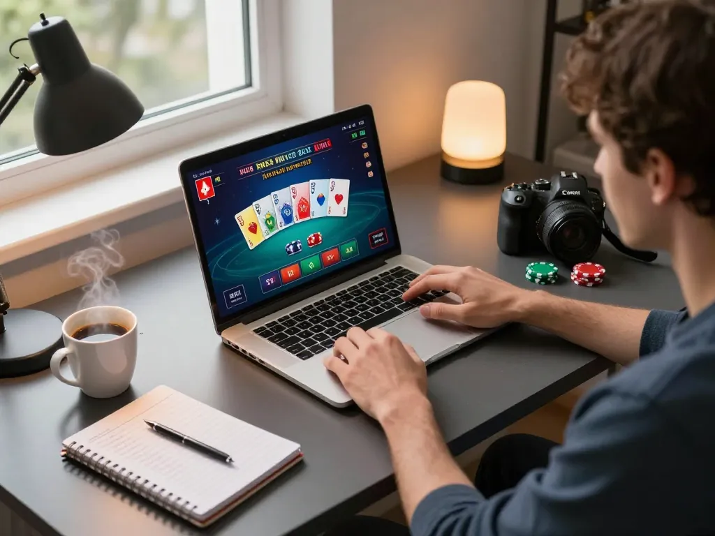 CEO Anh Duy engages in a strategic online poker game, showcasing a modern gaming setup with colorful cards and stacks of chips.