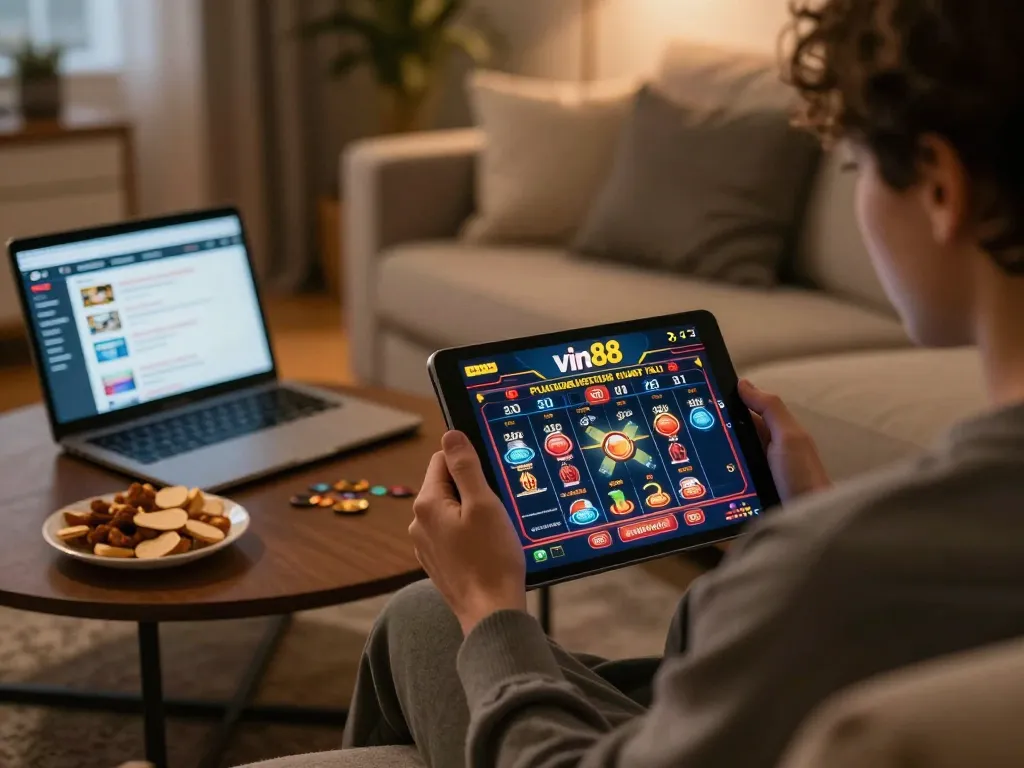 Player engaging in online casino action on vin88 tablet with snacks at home