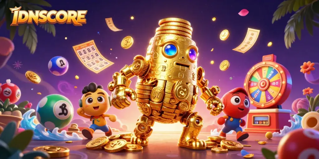 Experience the excitement of IDNSCORE with dynamic lottery elements and a golden golem.