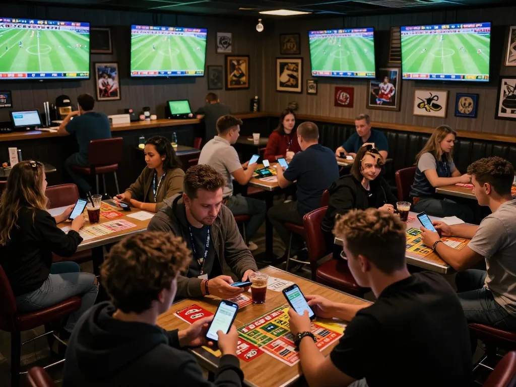 Soi Kèo players engaged in dynamic sports betting at a lively bar with multiple screens