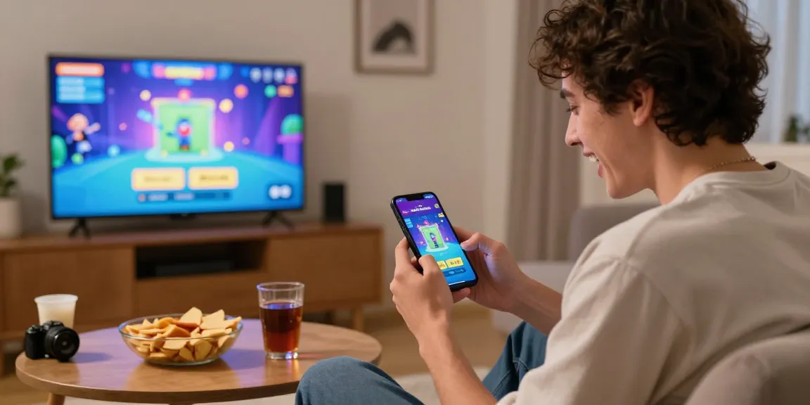 Engaging user playing jaiclub game on smartphone in cozy living room setting.