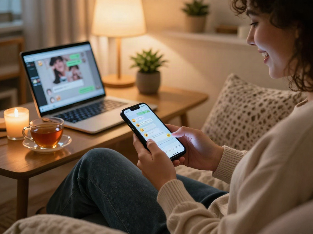 Engaging in sexting ai in a cozy living room with warm lighting.