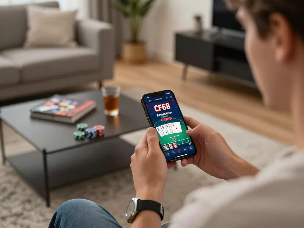 Engaging with the CF68 casino app for online gaming in a stylish home setting