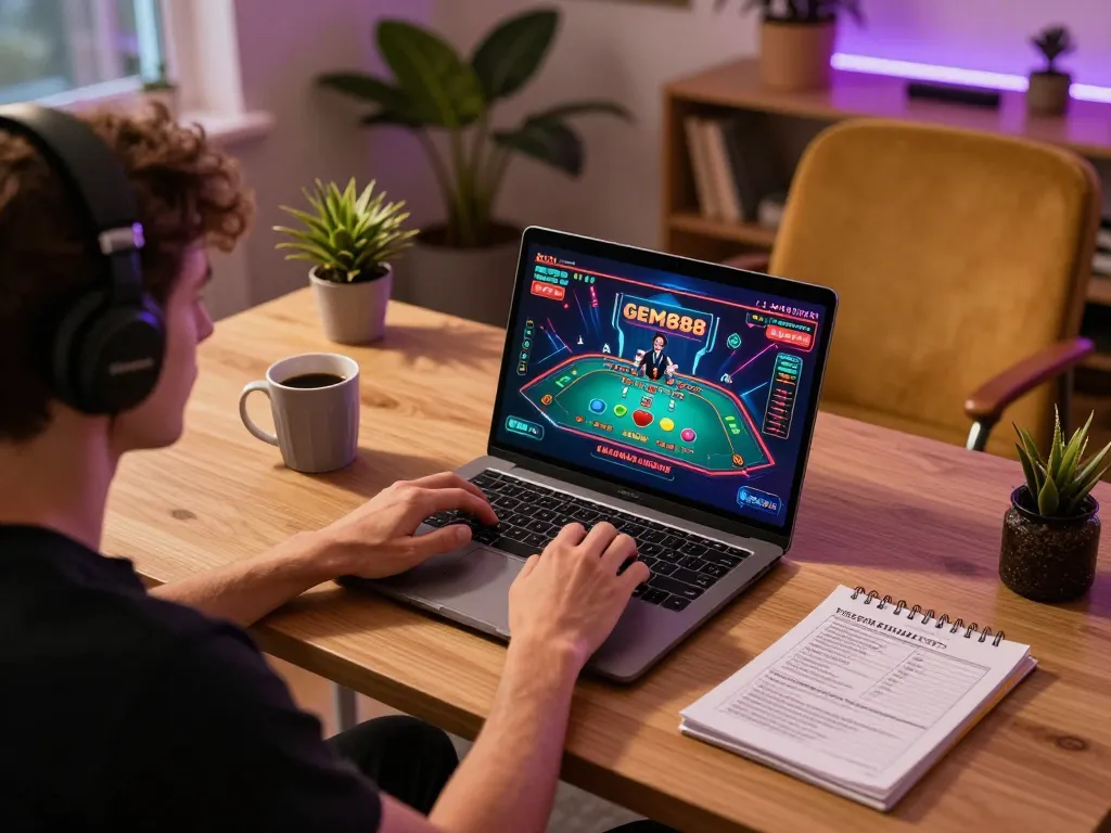 Player enjoying GEM88 live dealer experience on laptop in modern home setup, emphasizing engagement and strategy