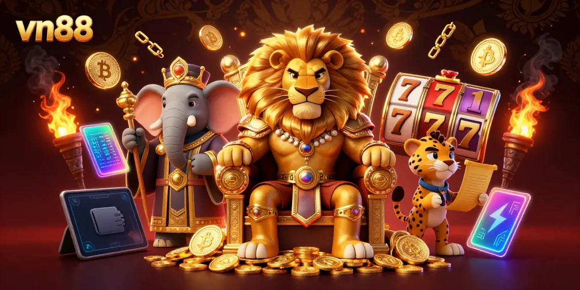Experience high-stakes action with vn88, illustrated in an ultra-detailed 3D casino scene featuring a lion king and gambling elements.
