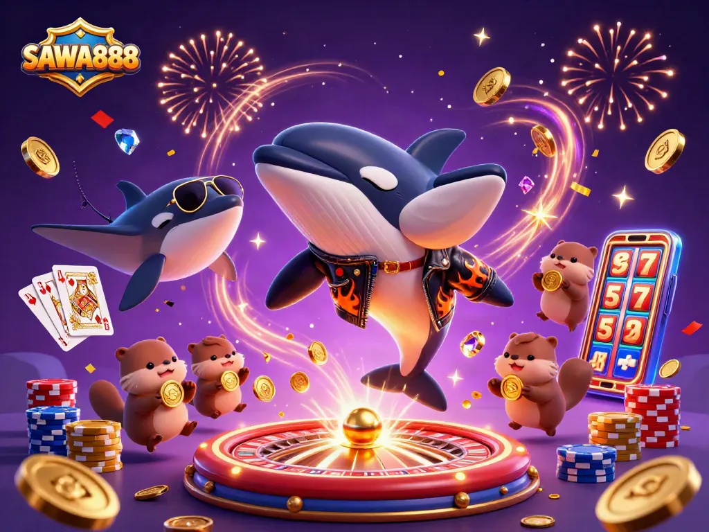 Experience excitement with SAWA888, featuring vibrant casino characters and golden coins.