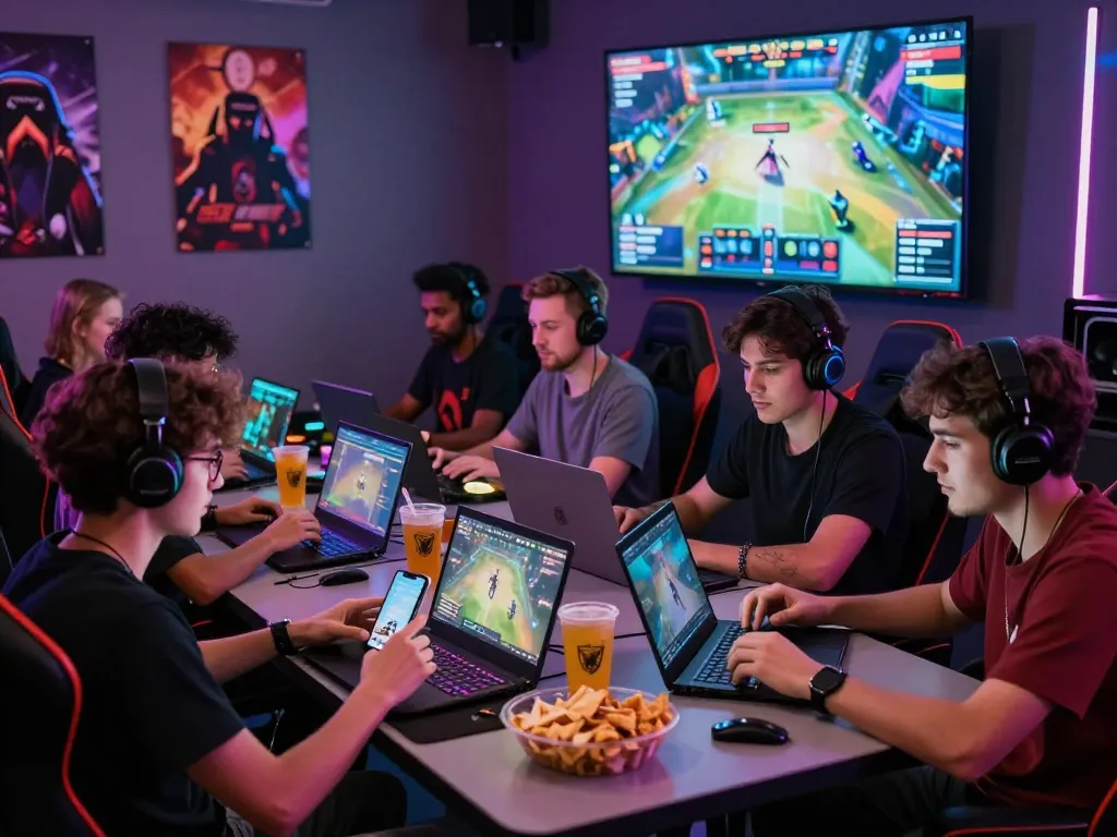 Group enjoying online gaming at BL555, showcasing excitement and entertainment atmosphere with colorful LED lights.