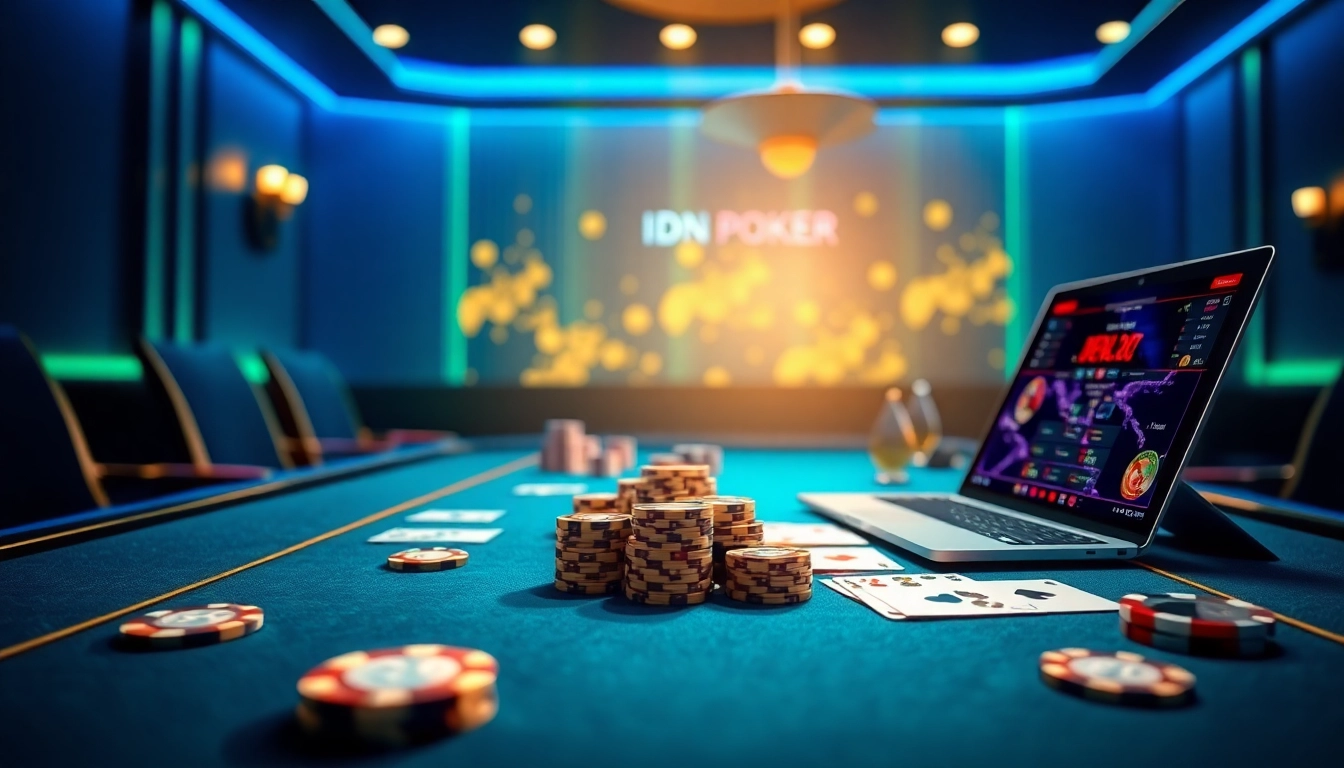 Engaging IDN Poker scene showcasing vibrant poker table with chips and cards.