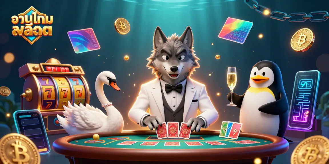 Engaging scene showcasing รวมเกมสล็อต with a debonair wolf, elegant swan, and sophisticated penguin at a baccarat table.