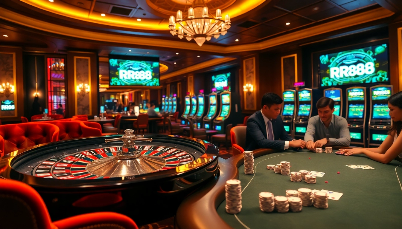 Players enjoy a thrilling gambling experience at RR88 with poker and roulette in a luxurious casino.