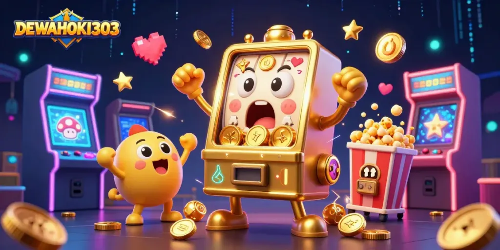 DEWAHOKI303 mengguncang jackpot dengan mesin slot emas dan mesin kecil bersorak di sekitarnya.