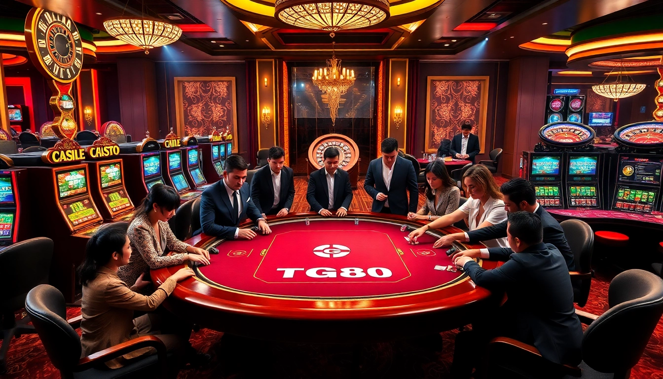 Gamblers enjoying a thrilling game at the TG88-themed casino, featuring vibrant tables and slot machines.