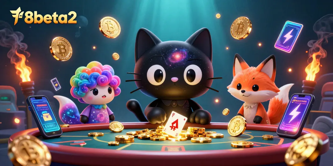 Engage with f8beta2 in a vibrant cosmic casino scene filled with glowing digital elements and gambling excitement.