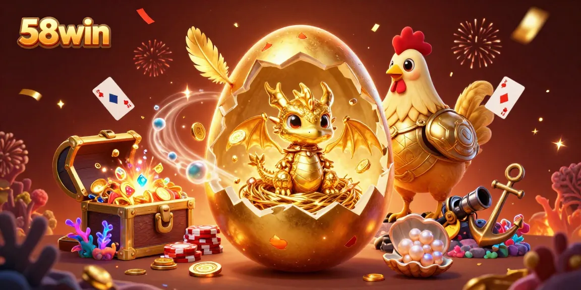 Engage with the thrilling world of 58win, showcasing a golden dragon and poker-themed scene.