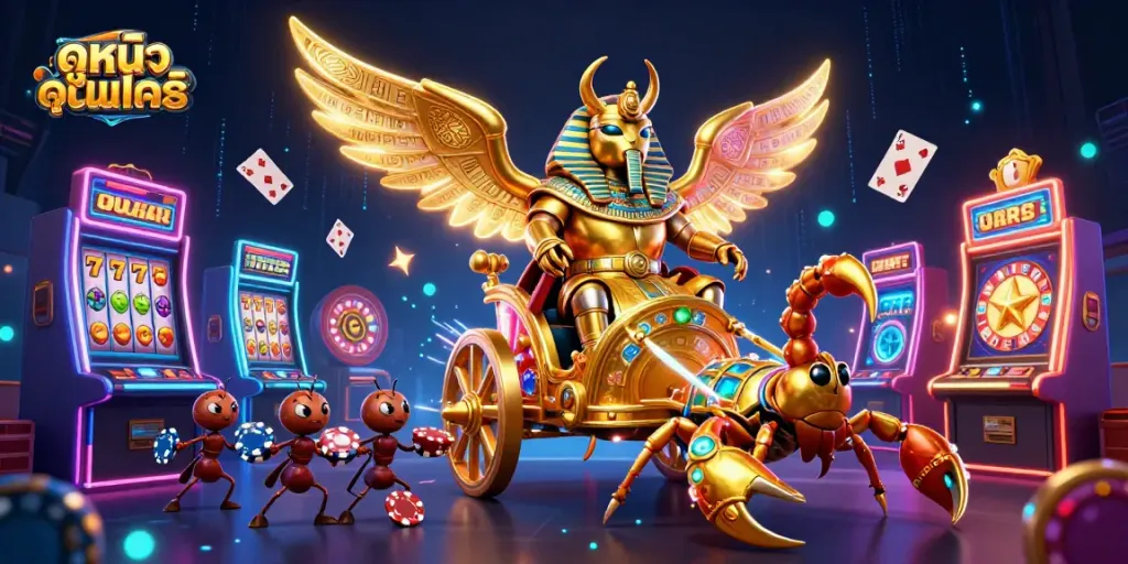 Play engaging ดูหนังออนไลน์ with a lively scene of slots and charismatic characters in an active casino.
