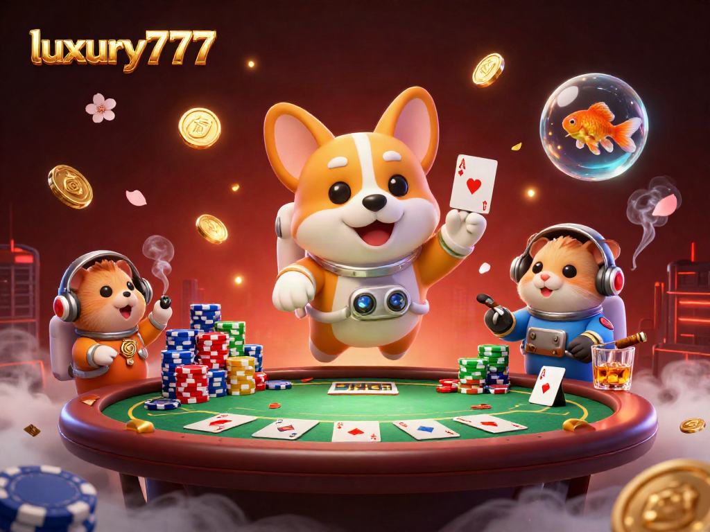 Meja poker di luxury777 dengan karakter unik dan simbol keberuntungan, memicu suasana kasino intergalaksi.