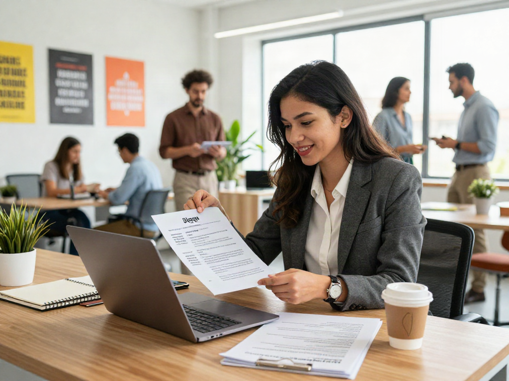 หางาน scene of a young professional preparing a resume in a vibrant office setting.