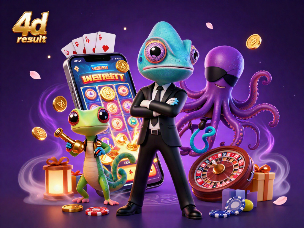 Experience the thrilling 4d result with colorful slot games and dynamic gaming elements in this vibrant illustration.