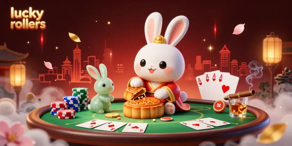 Celebrating winning big at lucky rollers casino with poker chips and a lively atmosphere.