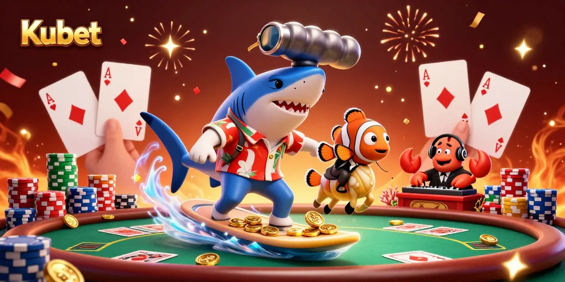 Kubet gaming scene featuring a shark, clownfish, and crab with colorful casino elements.