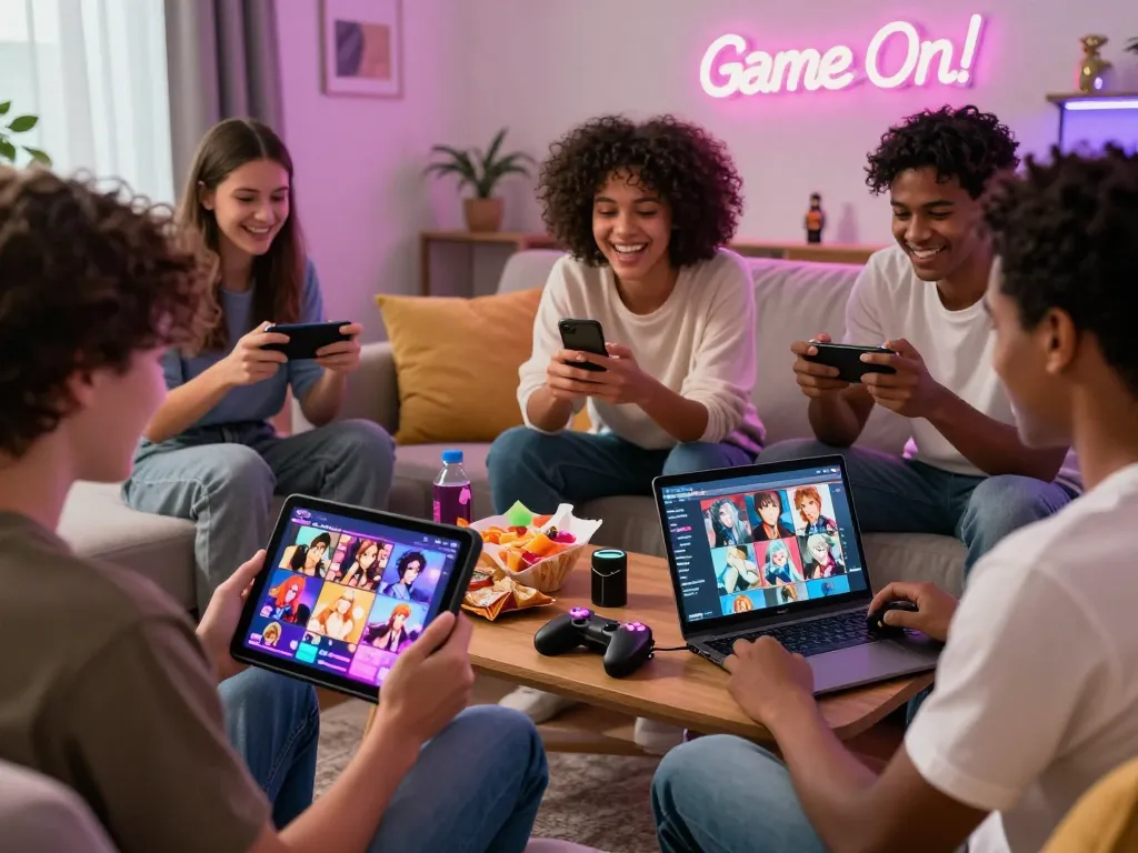 Exciting scene of friends playing sex games on devices in a cozy living room.