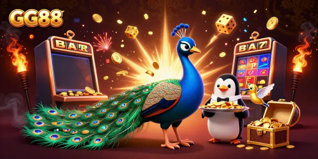Experience the thrill of GG88 with a stunning casino scene featuring dynamic gaming elements and colorful characters.