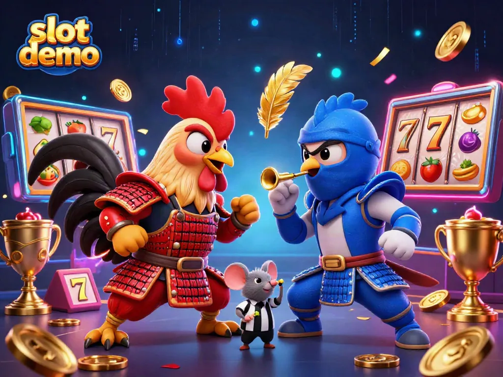 Mainkan slot demo dengan dua ayam jantan 3D bertarung, penuh detail dan simbol keberuntungan.