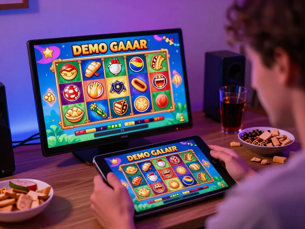 Engaging in Demo Gacor slot gameplay on a tablet in a cozy home setting with vibrant graphics.