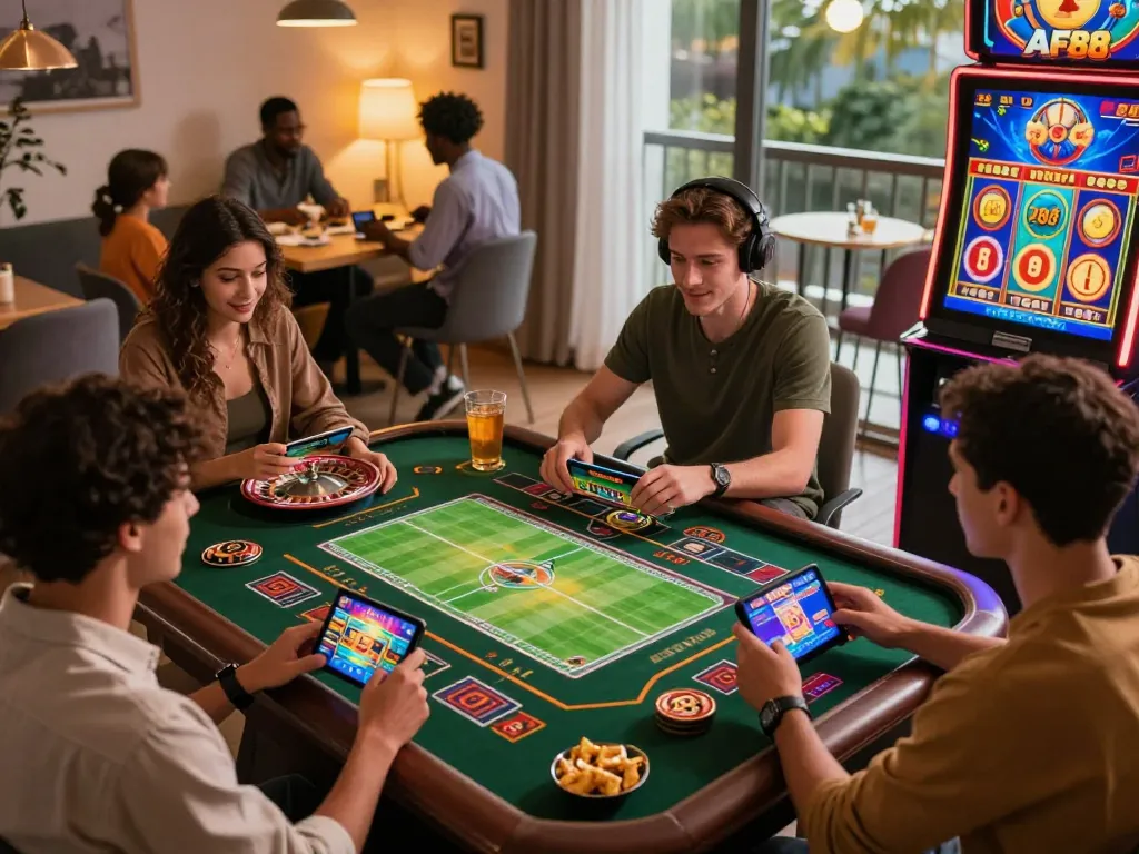 Engaging AF88 online gaming moment with players enjoying diverse casino games in vibrant settings