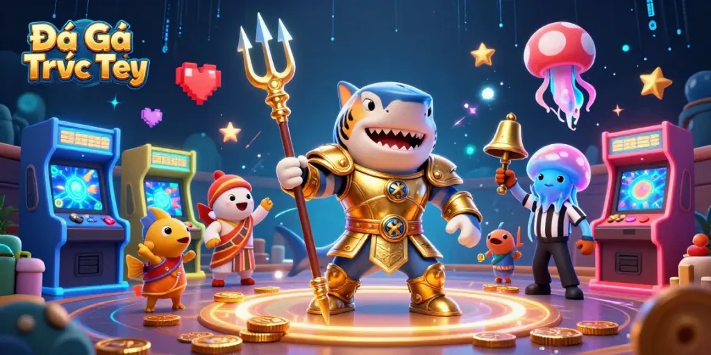 Engage in thrilling Đá Gà Trực Tiếp matches with a vibrant underwater colosseum scene.