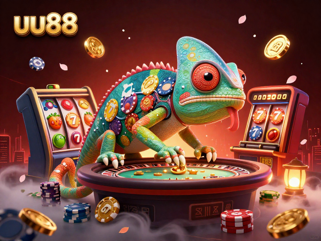 Experience the thrill of uu88 with a vibrant 3D casino scene featuring a chameleon owner and rich gaming elements.