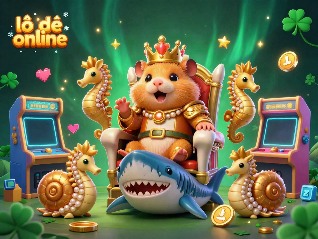 Engage in lô đề online with a vibrant 3D illustration of a hamster king on a shark throne, surrounded by arcade games and marine guards.