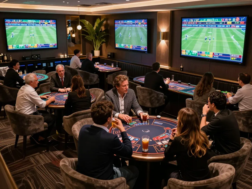 Watch patrons engaged in thrilling sports betting at tic88's sophisticated lounge.