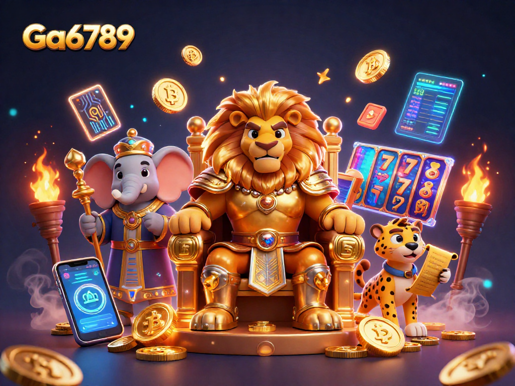 Engage with Ga6789's dynamic 3D casino illustration showcasing a lion king, elephant, and cheetah amidst vibrant slot reels.