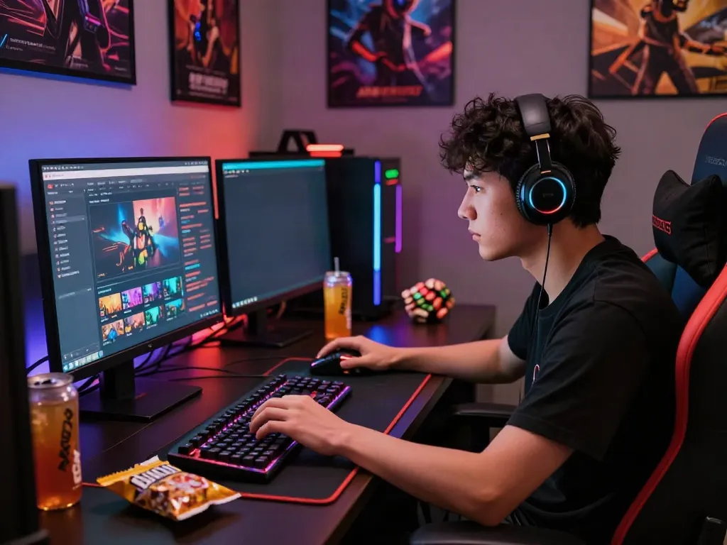 Gamer immersed in akunjp online gaming setup with colorful LED lights.