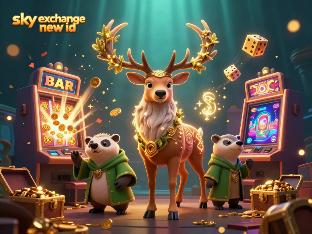 Experience the magic with a sky exchange new id, where a druid stag and badger celebrate overwhelming casino wins in a vibrant scene.